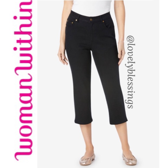 Natural Fit Black Capri Jeans Woman Within Plus Size Cropped Jeans - Picture 1 of 16